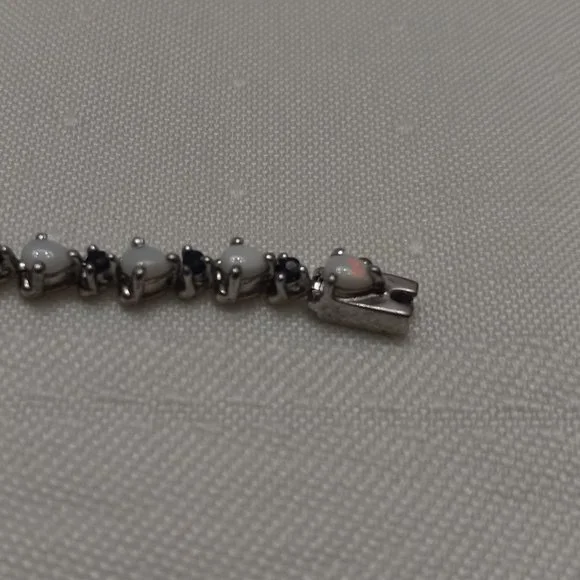 Sterling Silver Bracelet with Opals and Blue Rhinestones - Picture 9 of 14